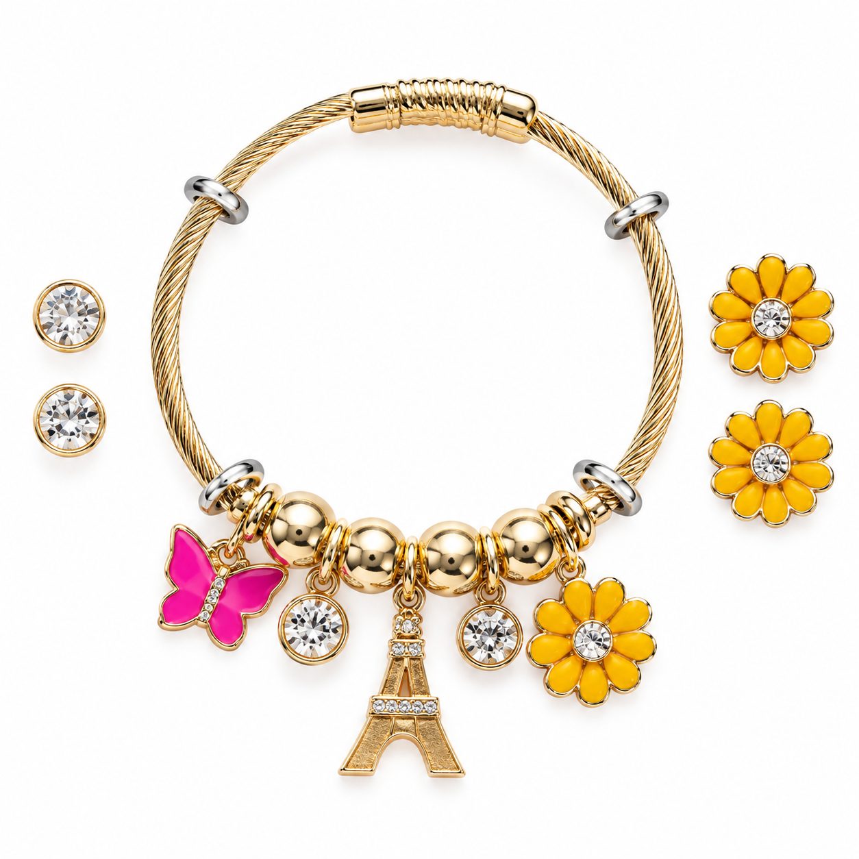 Juego de pulsera dorada con dijes y aretes RAMPAGE | Chapa de Oro