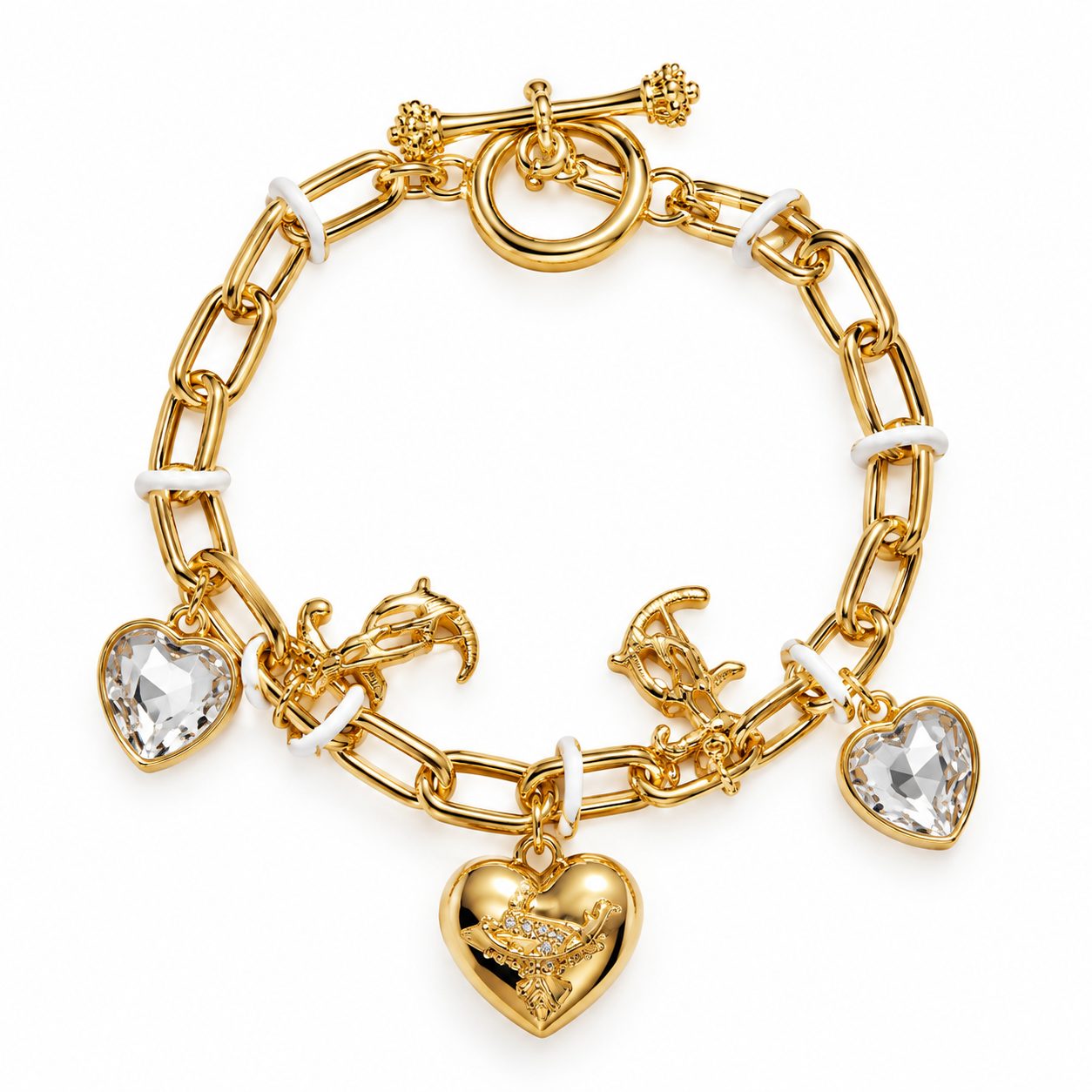 Pulsera Juicy Couture dorada con dijes de corazón y delfines - estilo elegante y moderno