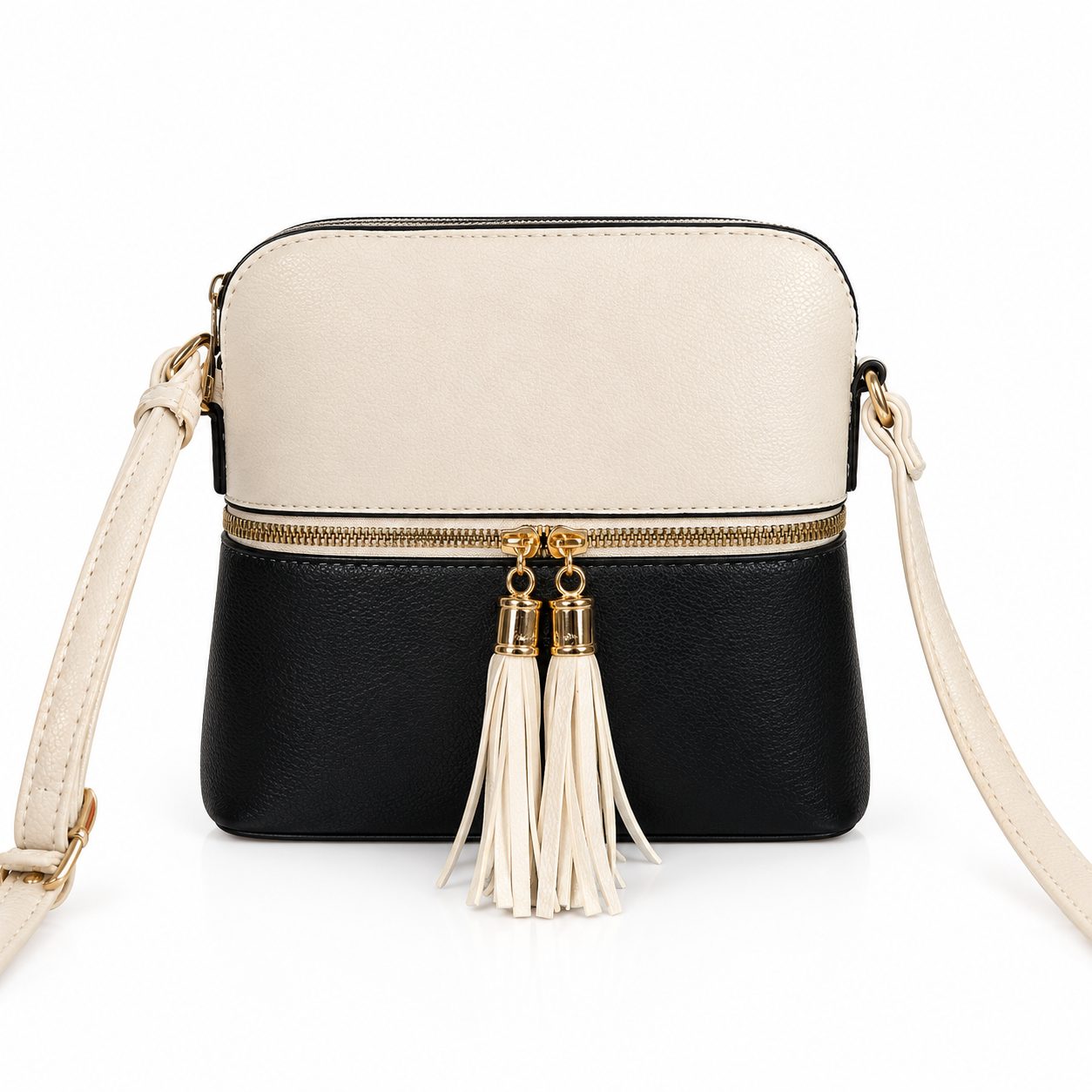 Bolso cruzado vegano dos tonos crema y negro con tassels dorados | Bandolera correa larga