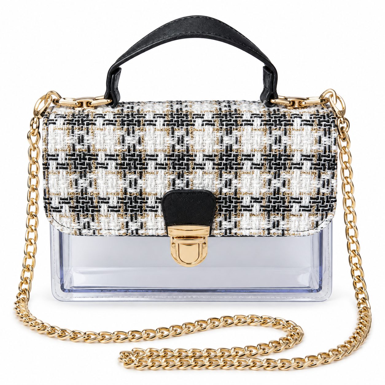 Bolso transparente con tweed negro y dorado – Estilo moderno y elegante