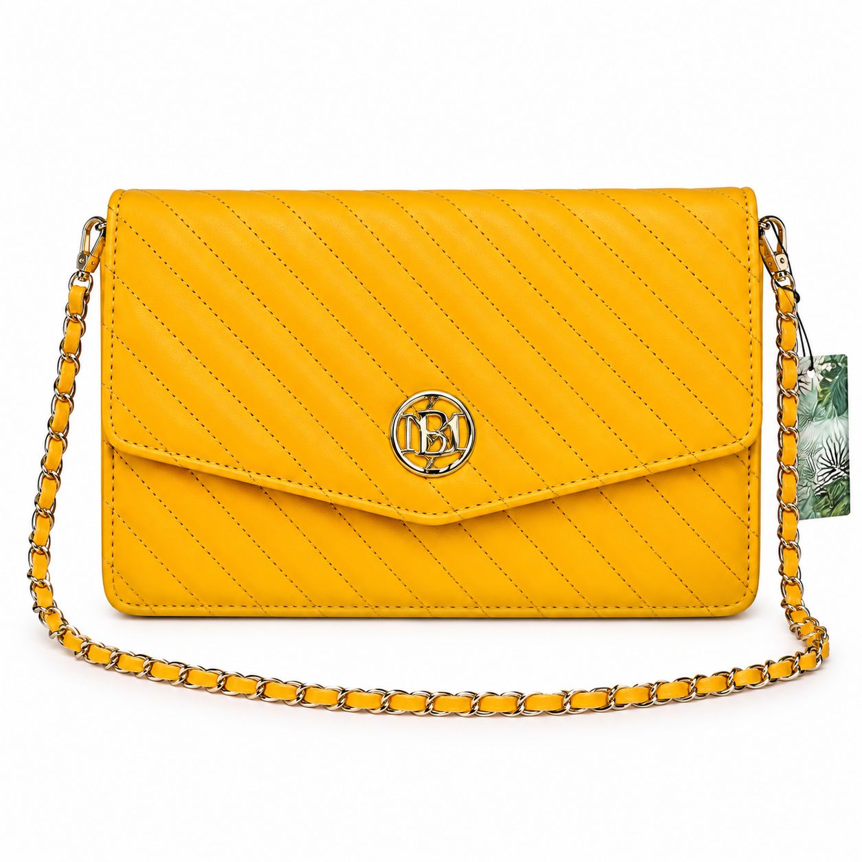 Bolsa Studio Badgley Mischka Amarilla Acolchada con Cadena y Logo Metálico