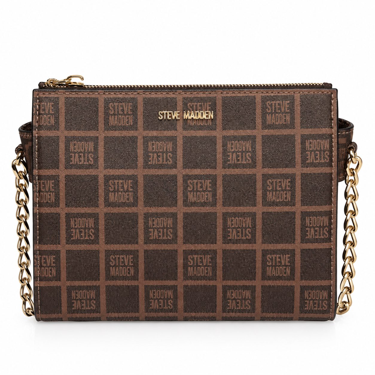 Bolsa Steve Madden Crossbody Café Monograma con Cadena Dorada
