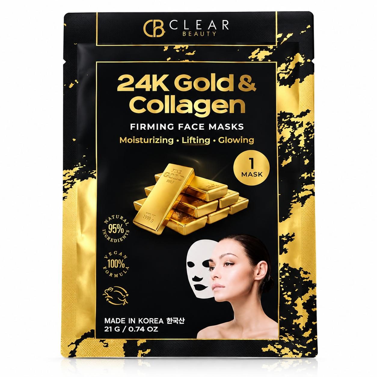 Mascarilla Facial CLEAR BEAUTY 24K Gold & Collagen – Hidratación, Firmeza y Luminosidad