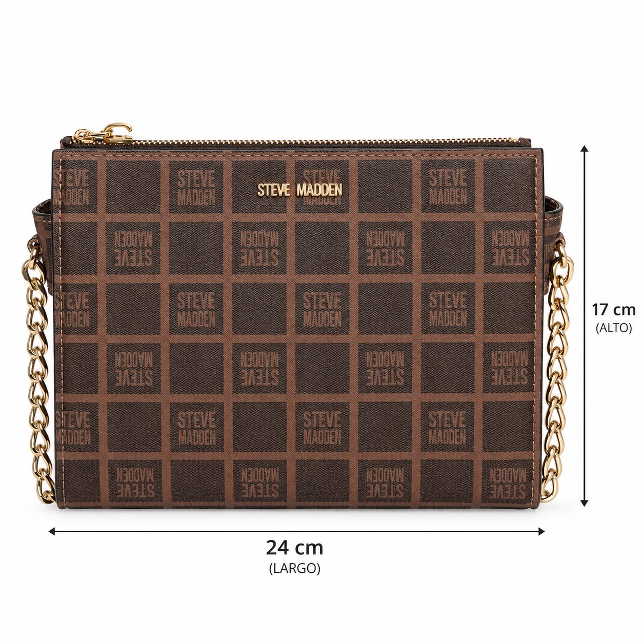 Bolsa Steve Madden Crossbody Café Monograma con Cadena Dorada
