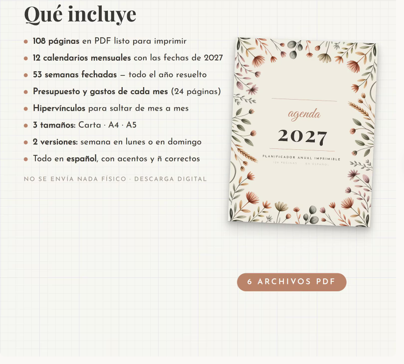 Agenda Digital Planificador 2027 | Calendarios, Presupuesto, Gastos y Control Anual Imprimible 108 Pag