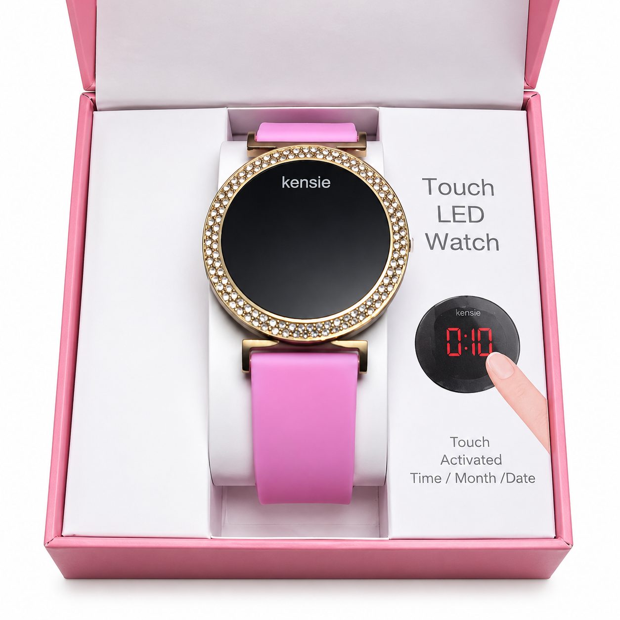 Reloj Kensie Touch LED con correa rosa y bisel dorado con cristales -Unica Pieza