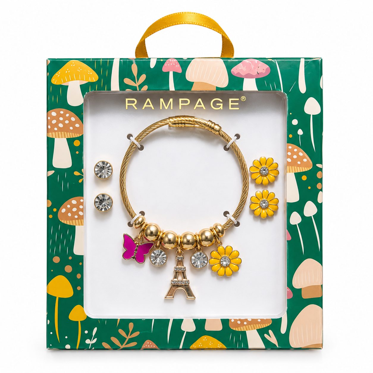 Juego de pulsera dorada con dijes y aretes RAMPAGE | Chapa de Oro
