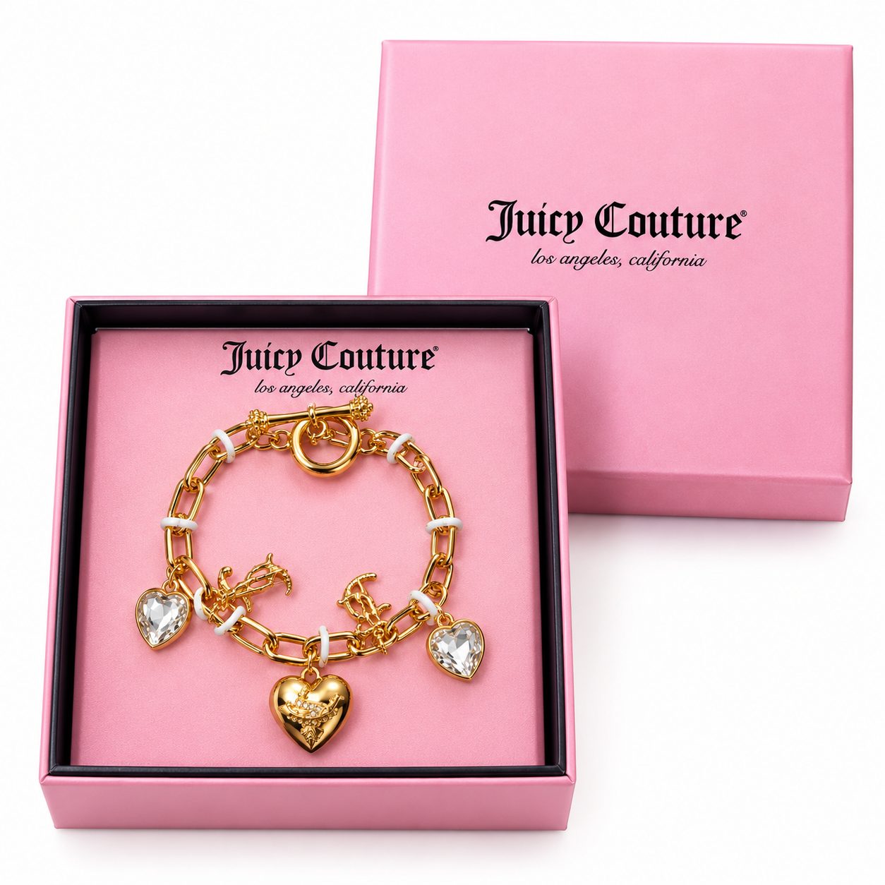 Pulsera Juicy Couture dorada con dijes de corazón y delfines - estilo elegante y moderno