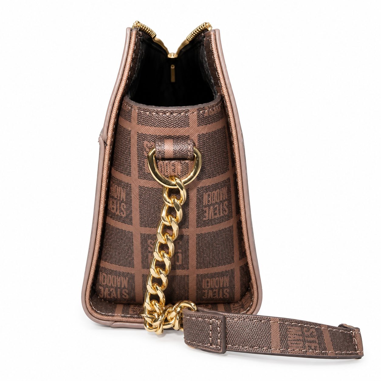 Bolsa Steve Madden Crossbody Café Monograma con Cadena Dorada