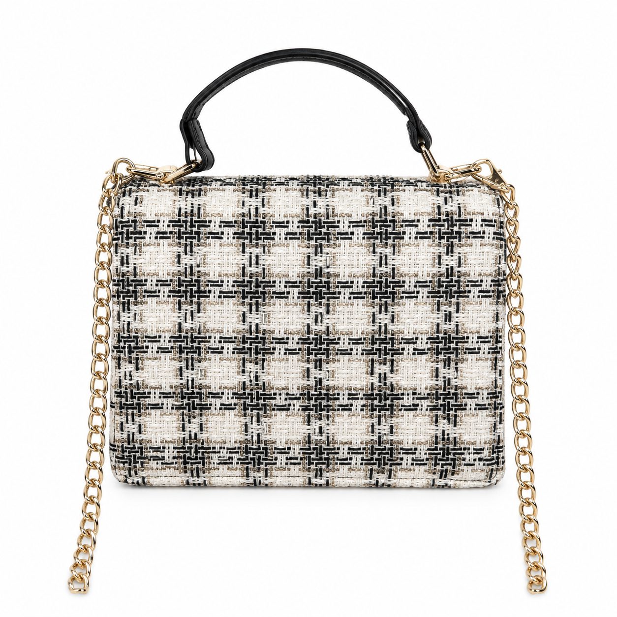 Bolso transparente con tweed negro y dorado – Estilo moderno y elegante