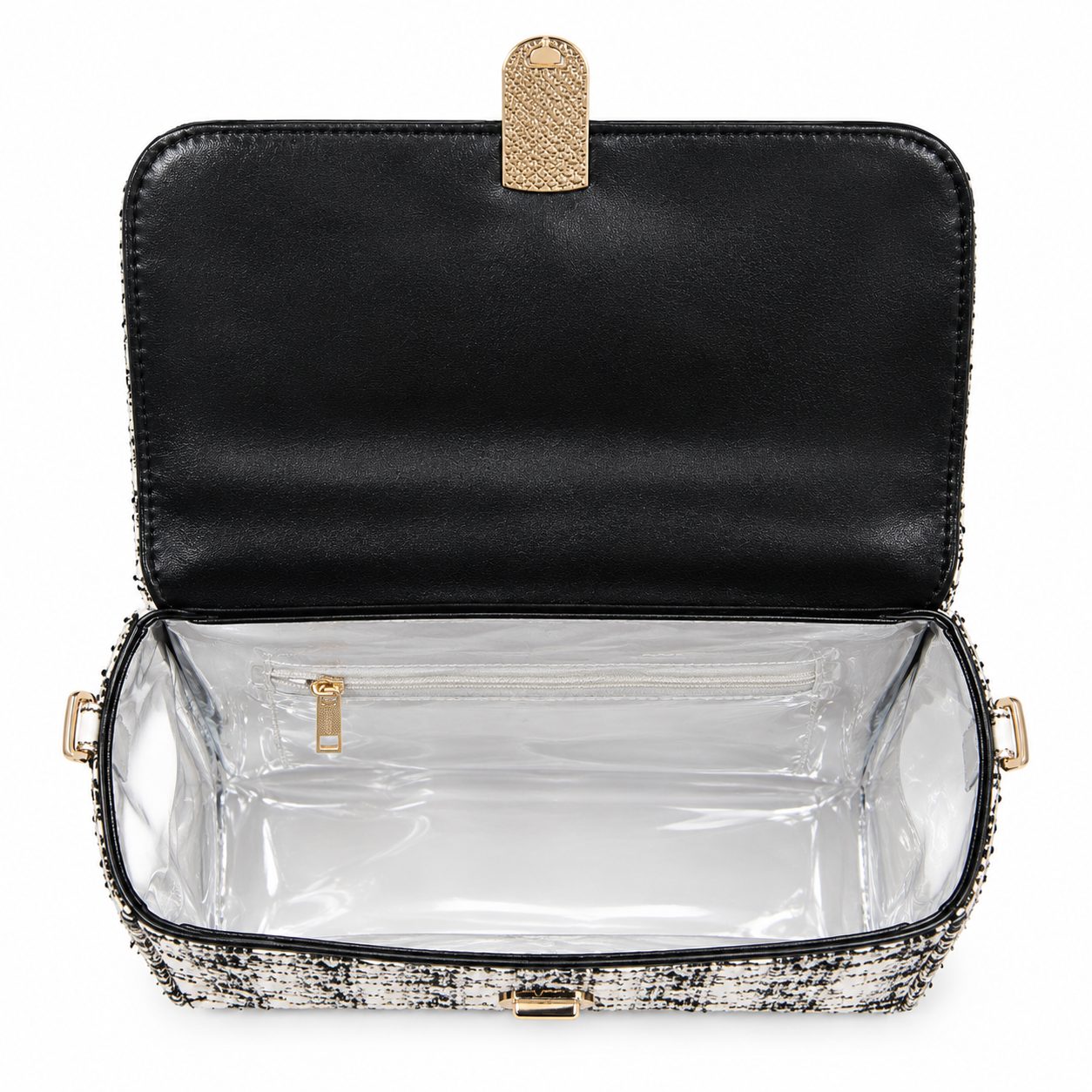 Bolso transparente con tweed negro y dorado – Estilo moderno y elegante