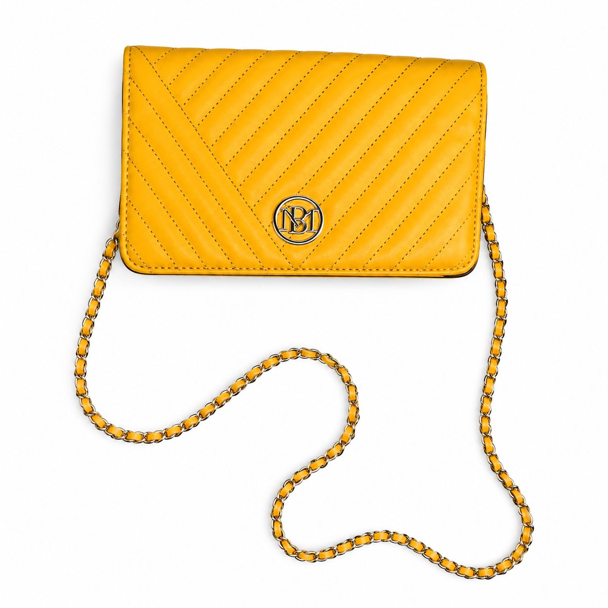 Bolsa Studio Badgley Mischka Amarilla Acolchada con Cadena y Logo Metálico