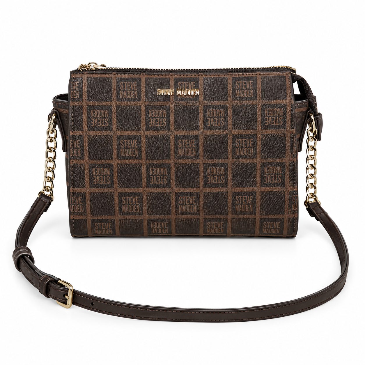 Bolsa Steve Madden Crossbody Café Monograma con Cadena Dorada