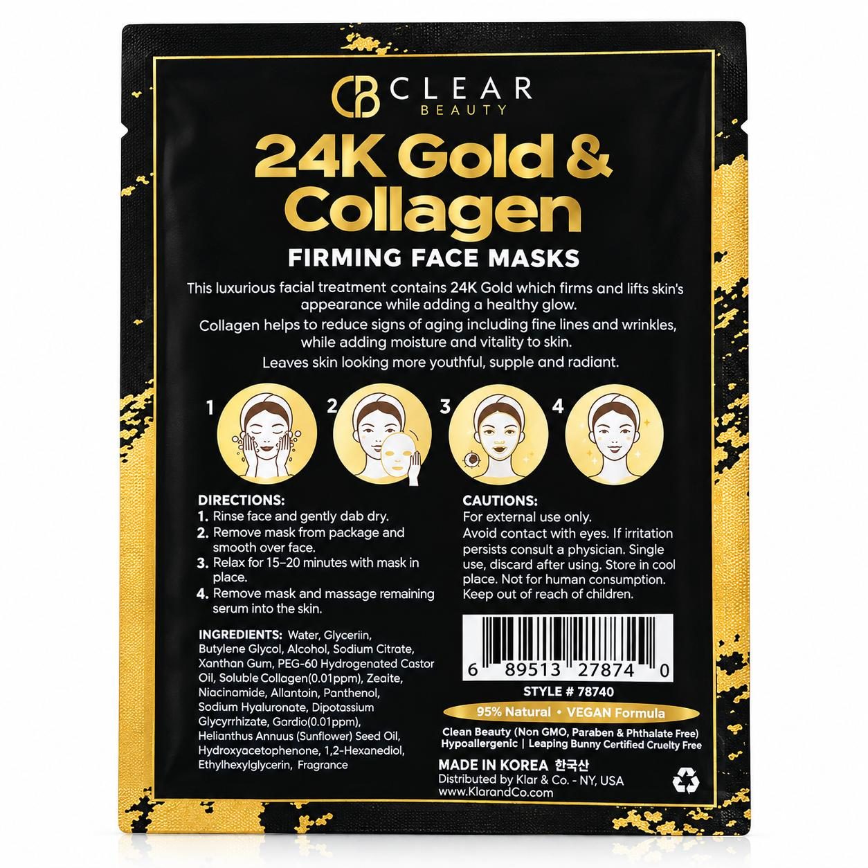 Mascarilla Facial CLEAR BEAUTY 24K Gold & Collagen – Hidratación, Firmeza y Luminosidad